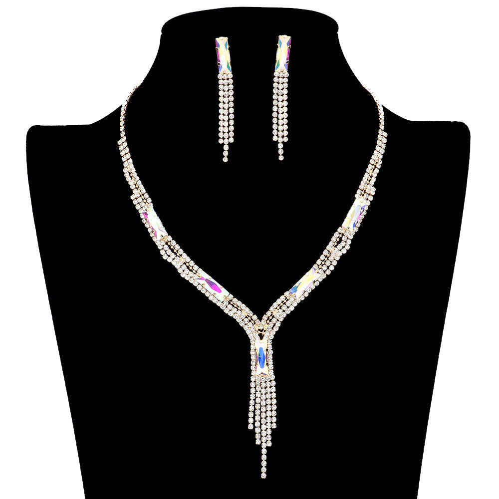 Rectangle Stone Accented Rhinestone Fringe Tip Jewelry Set by Madeline Love