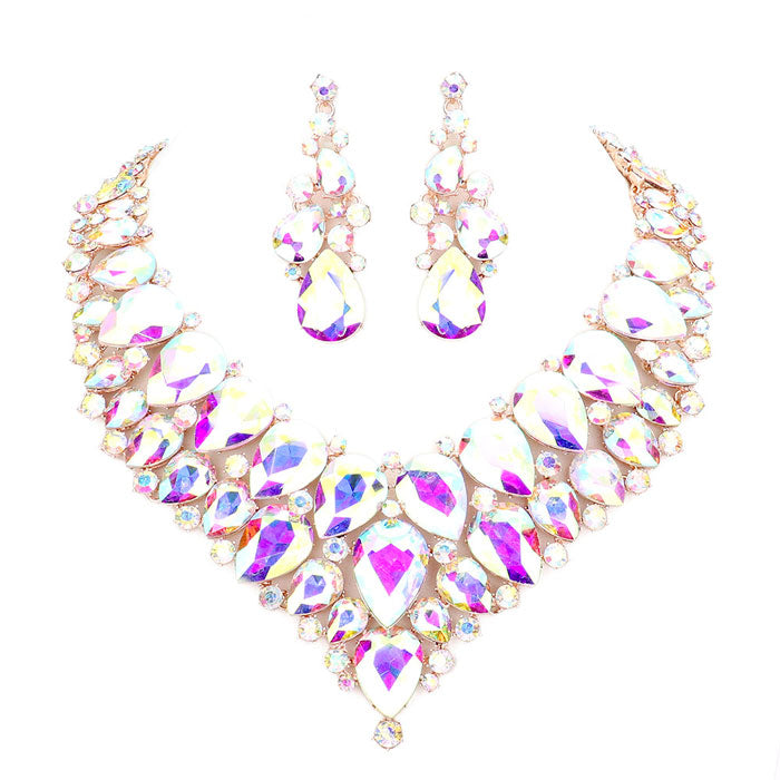 Teardrop Cluster Rhinestone Collar Necklace Earrings Set by Madeline Love