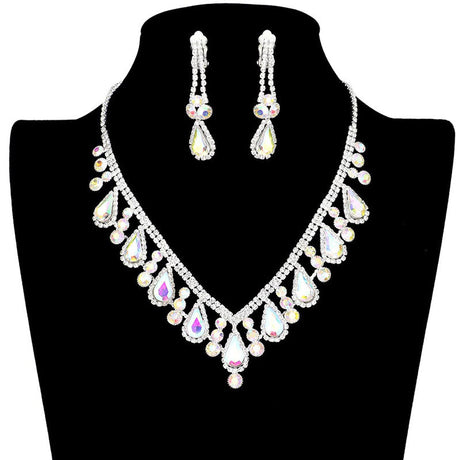 Crystal Rhinestone Teardrop Necklace Clip on Earring Set by Madeline Love