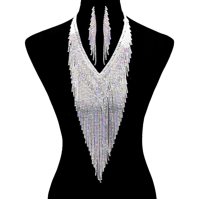 Long Drop Pave Crystal Rhinestone Fringe Necklace by Madeline Love