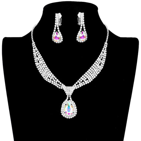 Rhinestone Pave Teardrop Collar Necklace & Clip Earring Set by Madeline Love