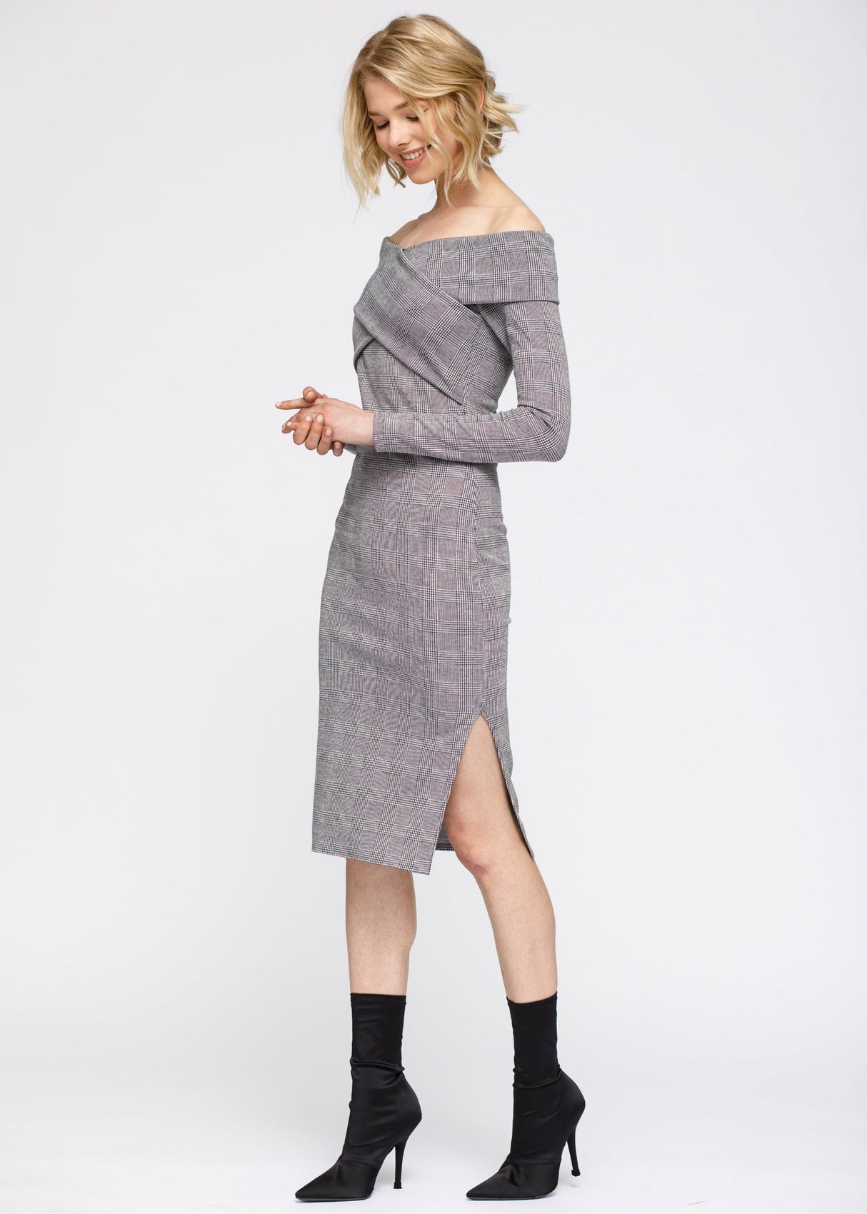 Women's Glen Plaid Off Shoulder Crisscross Dress In Grey Black by Shop at Konus