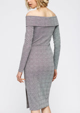 Women's Glen Plaid Off Shoulder Crisscross Dress In Grey Black by Shop at Konus