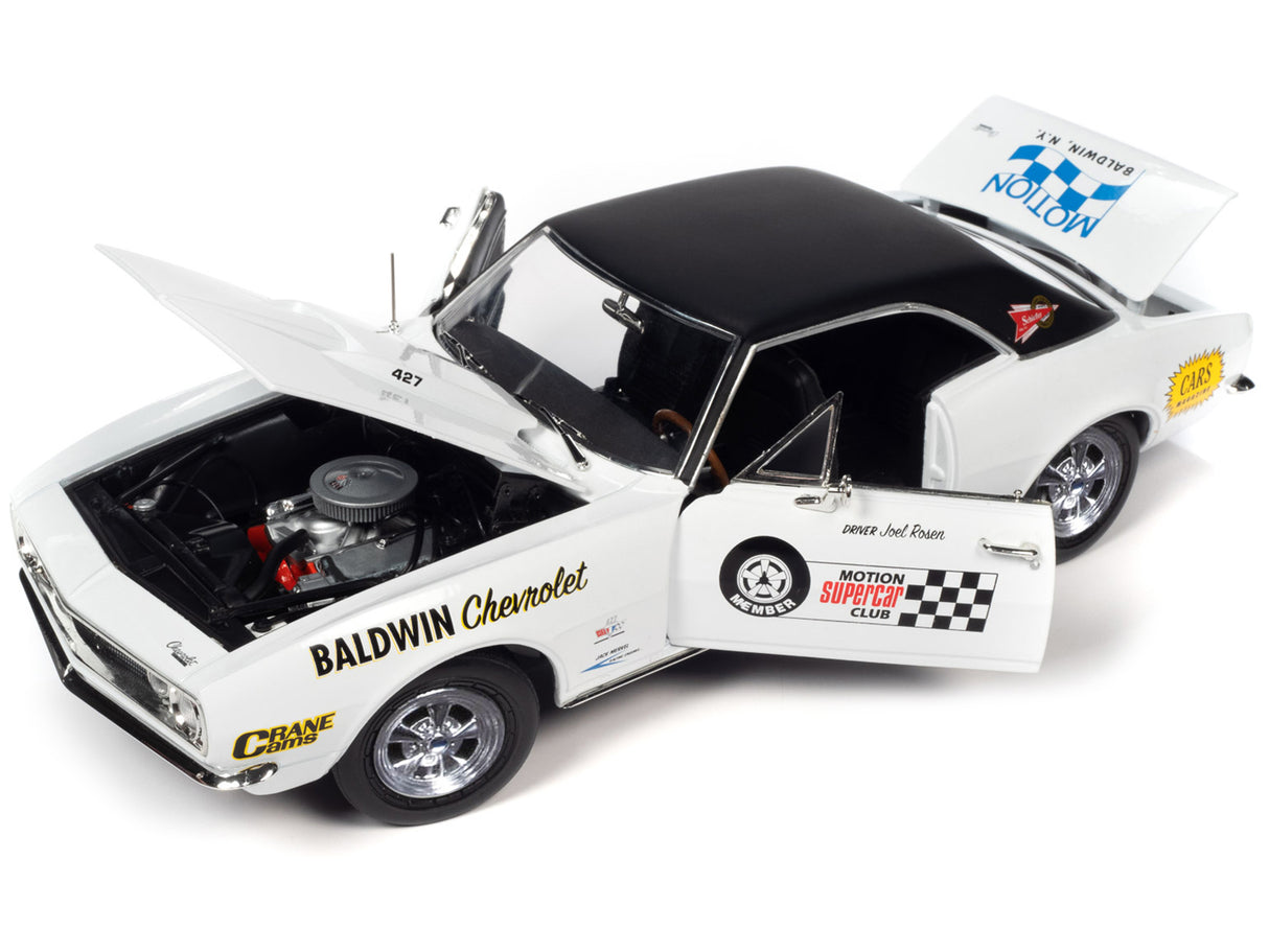 1967 Chevrolet Camaro SS Baldwin Motion Joel Rosen "Motion Supercar Club" White with Black Vinyl Top and Graphics 1/18 Diecast Model Car by Auto World