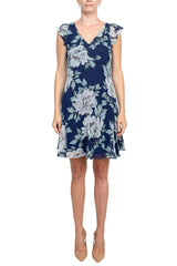 Adrianna Papell V-Neck Short Sleeve Zipper Back Floral Print Godet Hem Chiffon Dress by Curated Brands