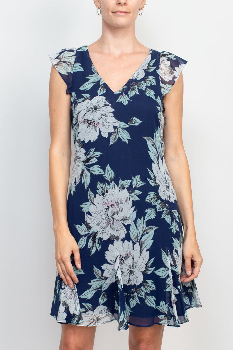 Adrianna Papell V-Neck Short Sleeve Zipper Back Floral Print Godet Hem Chiffon Dress by Curated Brands