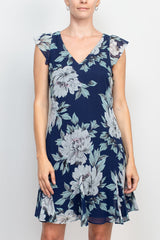 Adrianna Papell V-Neck Short Sleeve Zipper Back Floral Print Godet Hem Chiffon Dress by Curated Brands