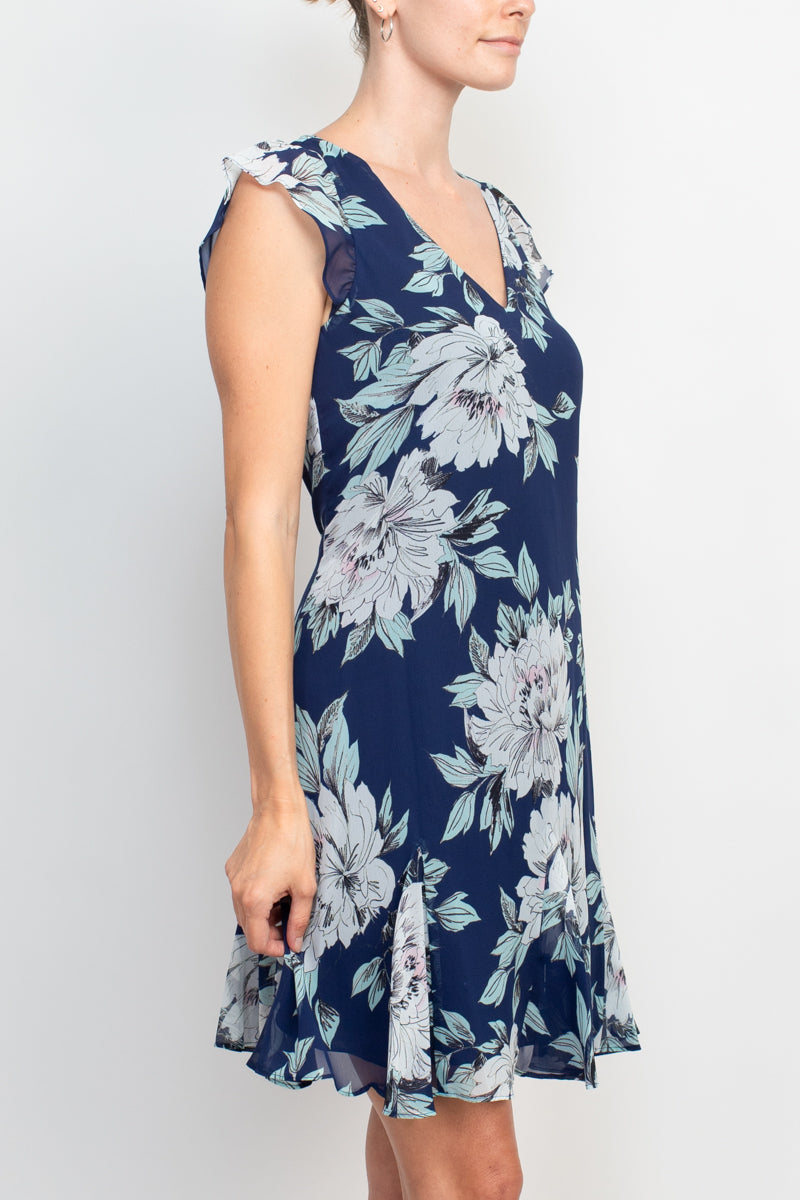 Adrianna Papell V-Neck Short Sleeve Zipper Back Floral Print Godet Hem Chiffon Dress by Curated Brands