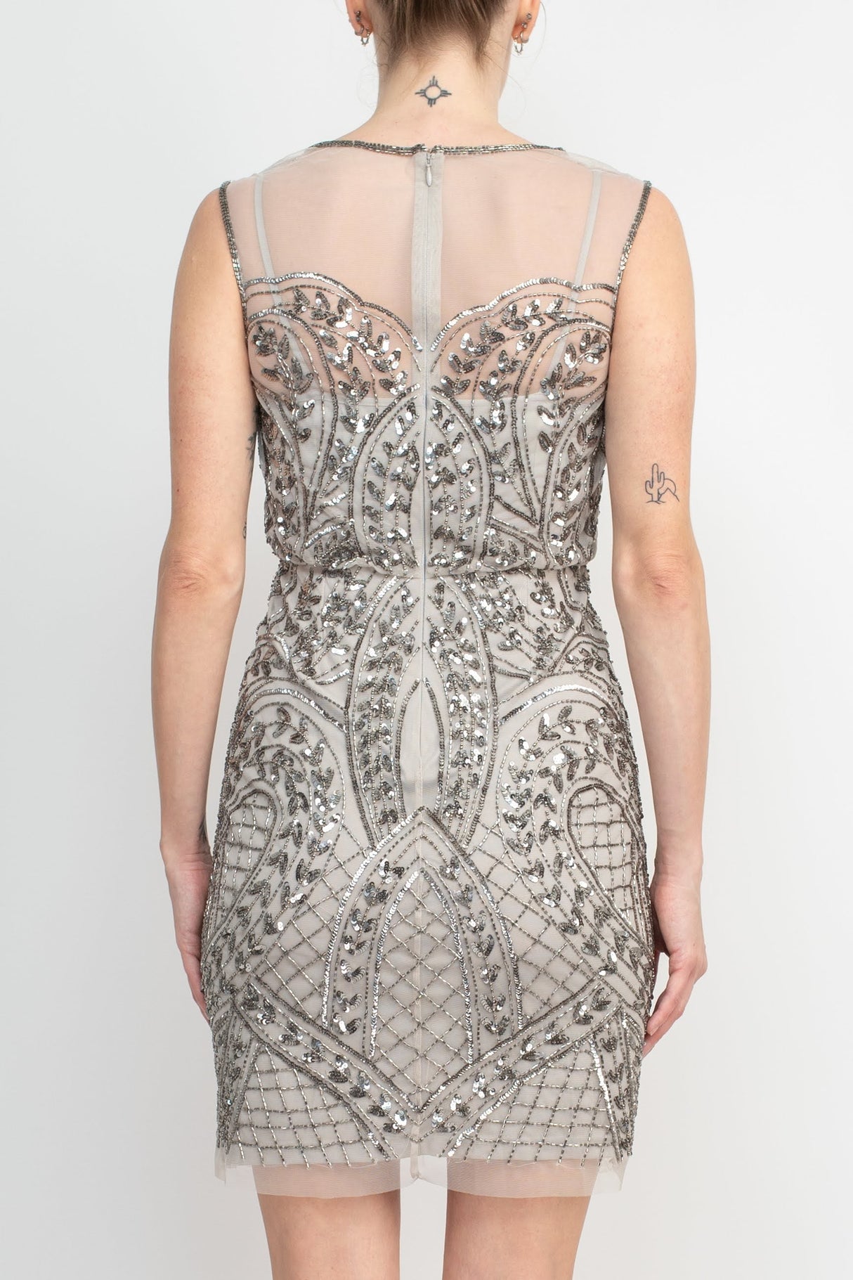 Adrianna Papell Boat Neck Sleeveless Embellished Zipper Back Mesh Dress by Curated Brands