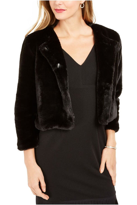 Adrianna Papell Crew Neck 3/4 Sleeve Solid Faux Fur Jacket by Curated Brands