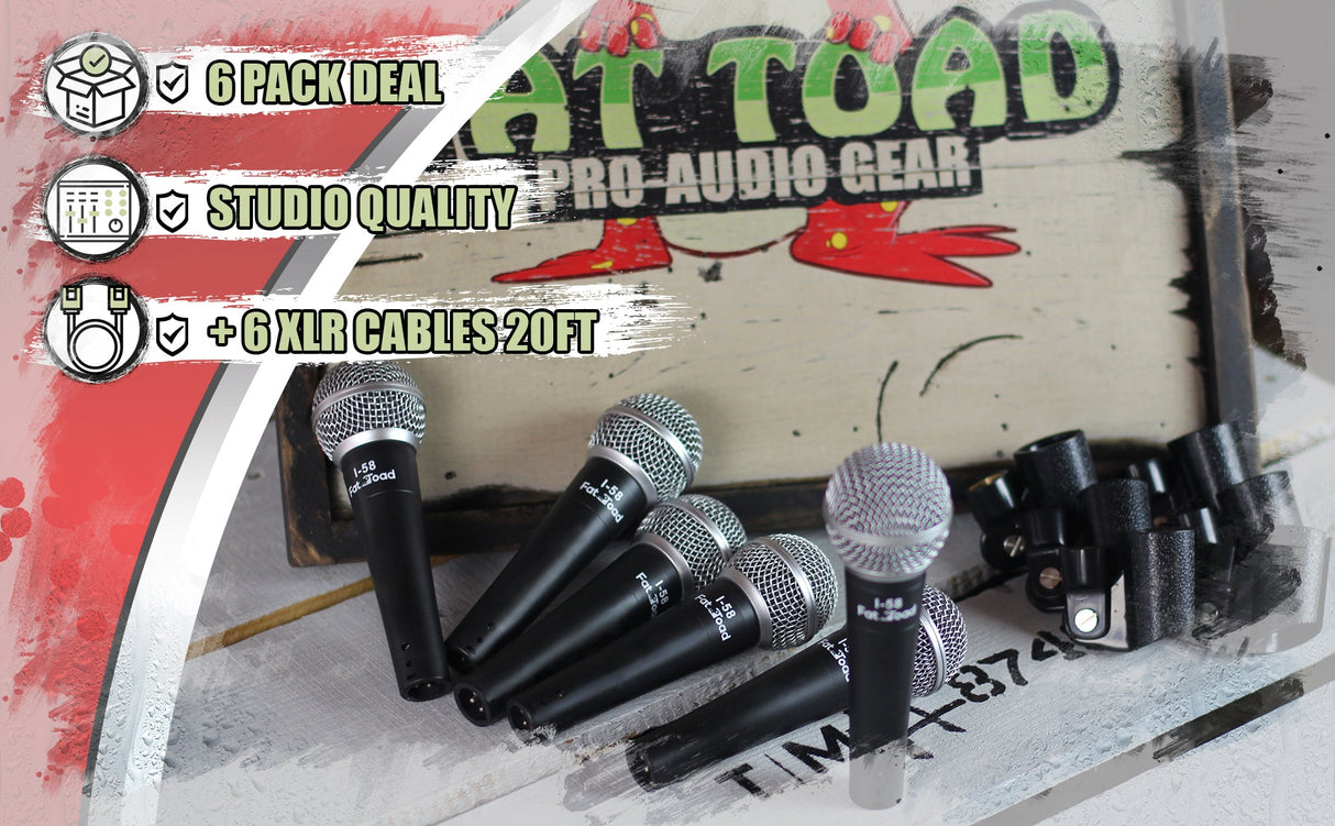 Cardioid Vocal Microphones with XLR Mic Cables & Clips (6 Pack) by FAT TOAD - Dynamic Handheld, Unidirectional for Studio Recording, Live Stage by GeekStands.com