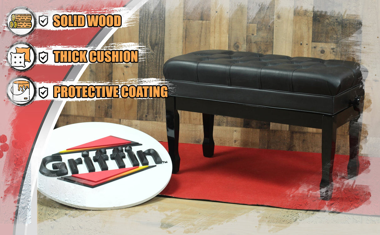 GRIFFIN Genuine Leather Piano Bench | Oversize Duet Vintage Black Solid Wood & Ergonomic Keyboard Stool | 2 Person Cushion Seat & Sheet Music Book Storage Space | Guitar Musicians Chair & Vanity Bench by GeekStands.com