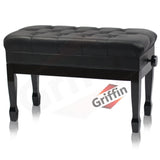 GRIFFIN Genuine Leather Piano Bench | Oversize Duet Vintage Black Solid Wood & Ergonomic Keyboard Stool | 2 Person Cushion Seat & Sheet Music Book Storage Space | Guitar Musicians Chair & Vanity Bench by GeekStands.com