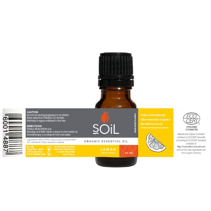 Organic Lemon Essential Oil (Citrus Limon) 10ml by SOiL Organic Aromatherapy and Skincare