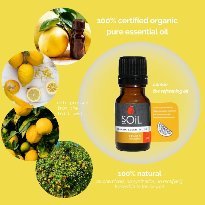 Organic Lemon Essential Oil (Citrus Limon) 10ml by SOiL Organic Aromatherapy and Skincare