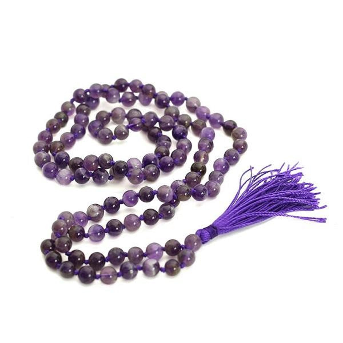 Natural Amethyst Mala Prayer 108 Beads Japa Mala Tassel Necklace by OMSutra