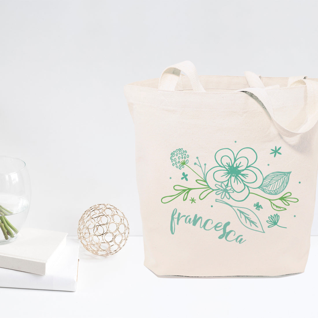 Personalized Name Aqua Floral Cotton Canvas Tote Bag by The Cotton & Canvas Co.