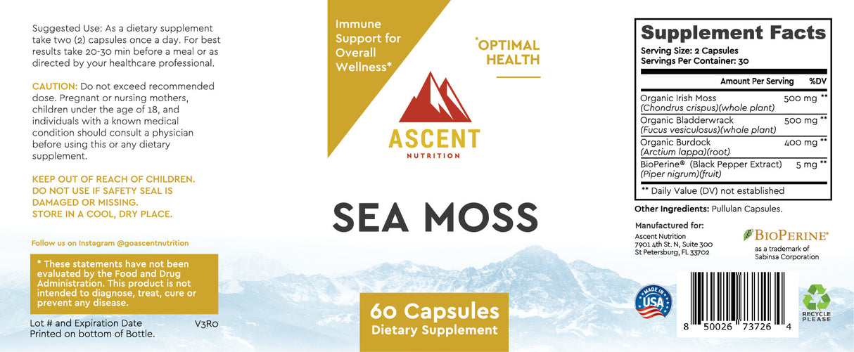 Organic Sea Moss, 60 Capsules, 700 mg each by Ascent Nutrition