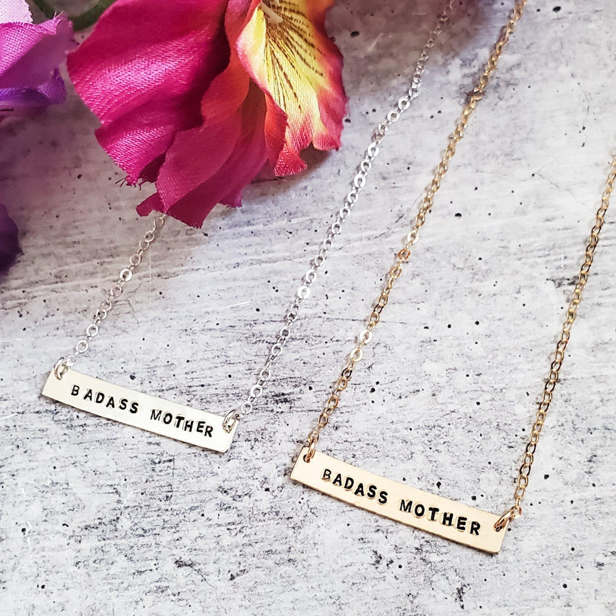 BADASS MOTHER Hand-Stamped Bar Necklace by Salt and Sparkle