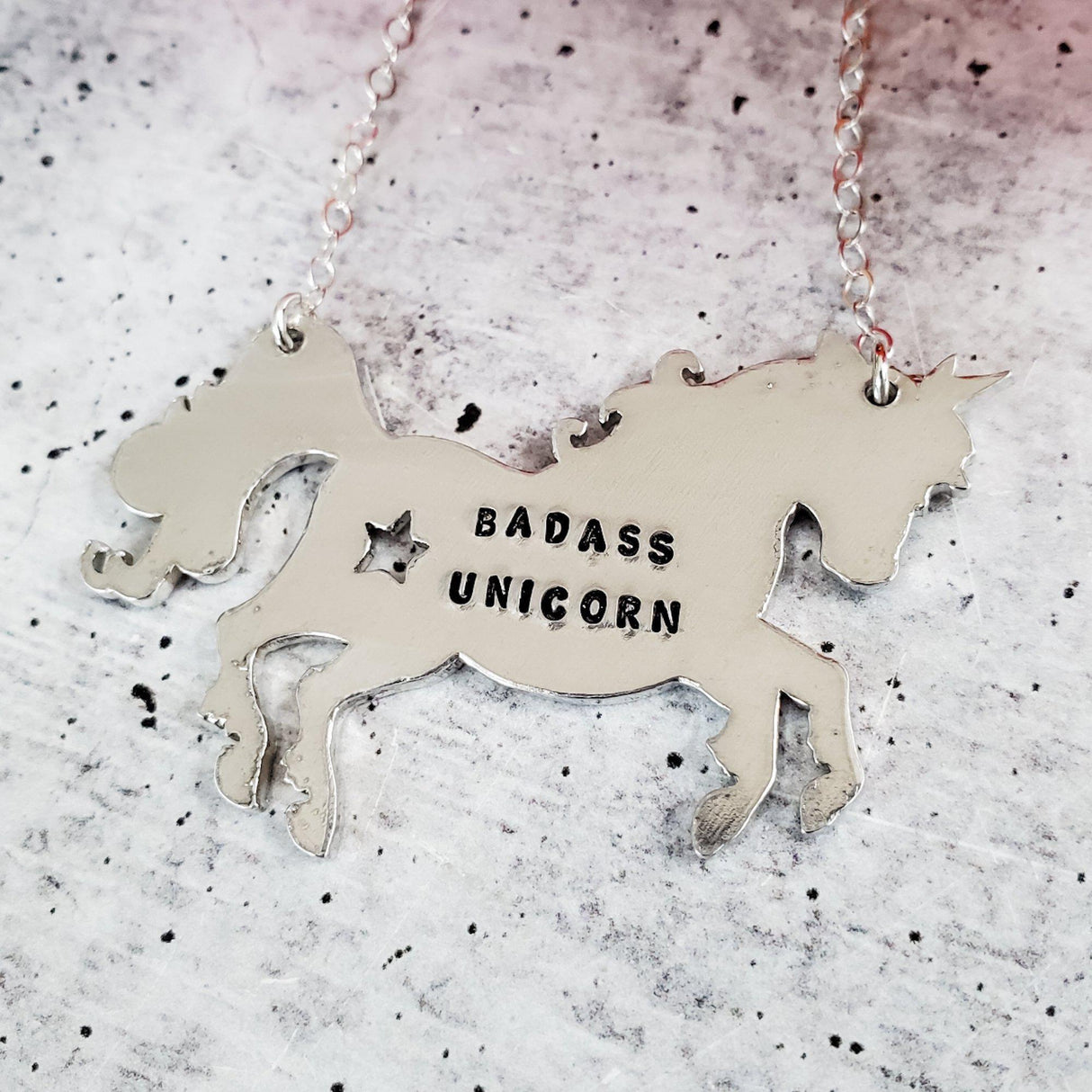 BADASS UNICORN Hand Stamped Silver Necklace by Salt and Sparkle