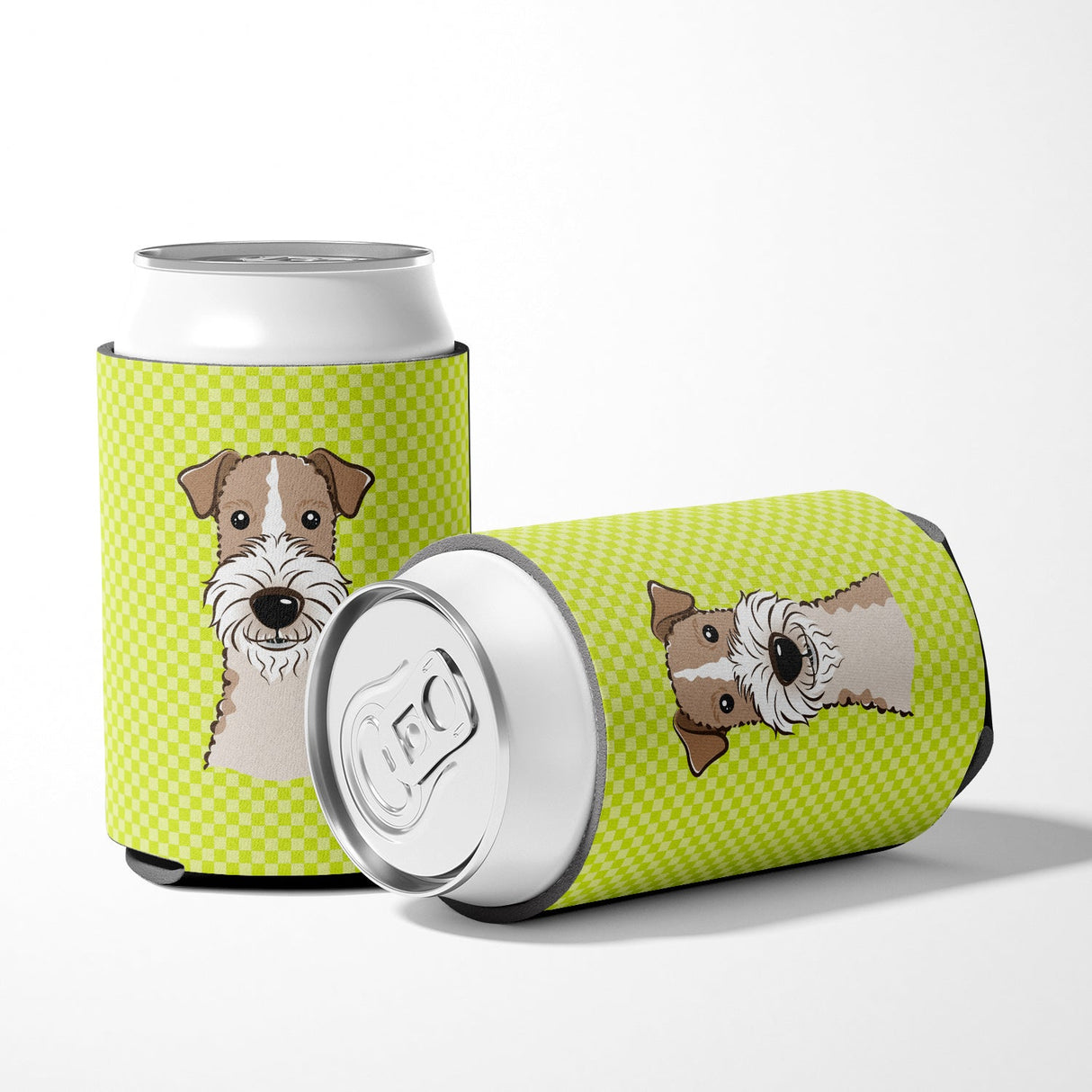 Checkerboard Lime Green Wire Haired Fox Terrier Can or Bottle Hugger BB1309CC by Caroline's Treasures