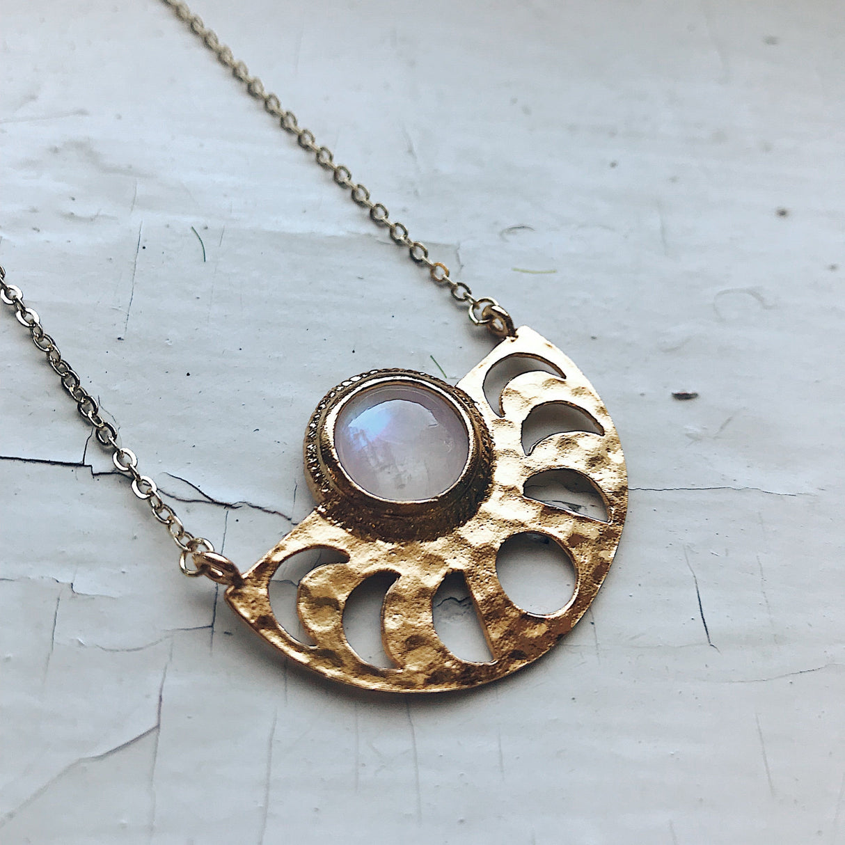 Moon Goddess Necklace - Moon Phases Rainbow Moonstone Pendant by Yugen Handmade