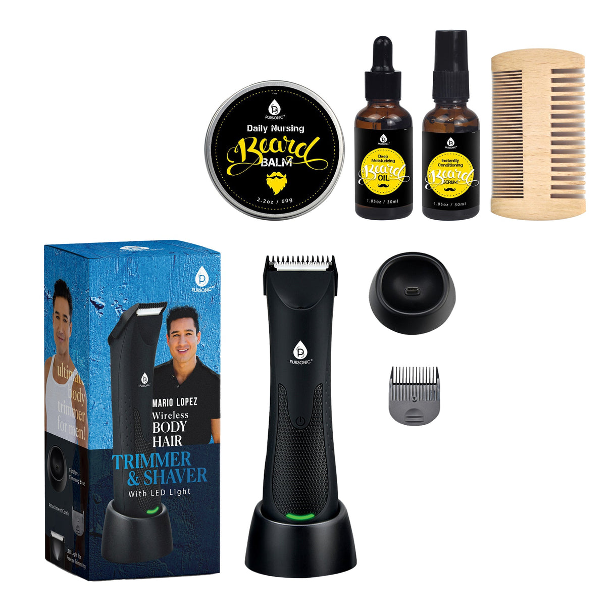 Mario Lopez Wireless Body Hair Trimmer & Shaver and Beard Care Grooming Kit Bundle by Pursonic