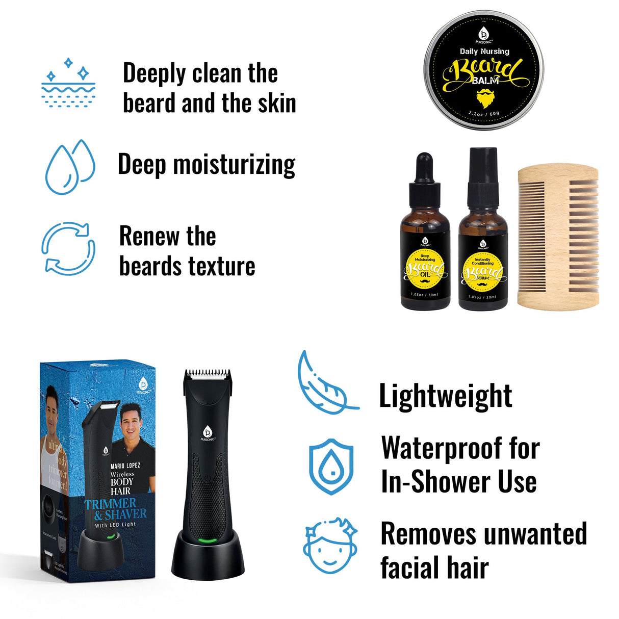 Mario Lopez Wireless Body Hair Trimmer & Shaver and Beard Care Grooming Kit Bundle by Pursonic