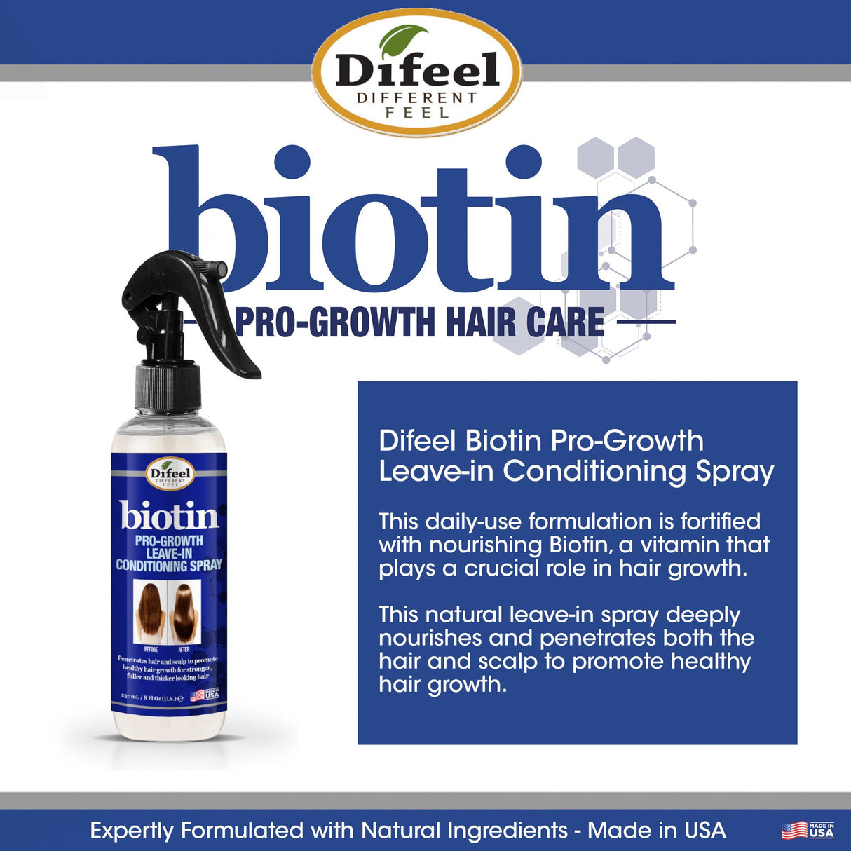 Difeel Biotin Pro-Growth Shampoo, Conditioner & Leave in Conditioning Spray 3-PC Gift Set - Shampoo 33.8 oz., Conditioner 33.8 oz. and Leave in Conditioning Spray 6 oz. by difeel - find your natural beauty