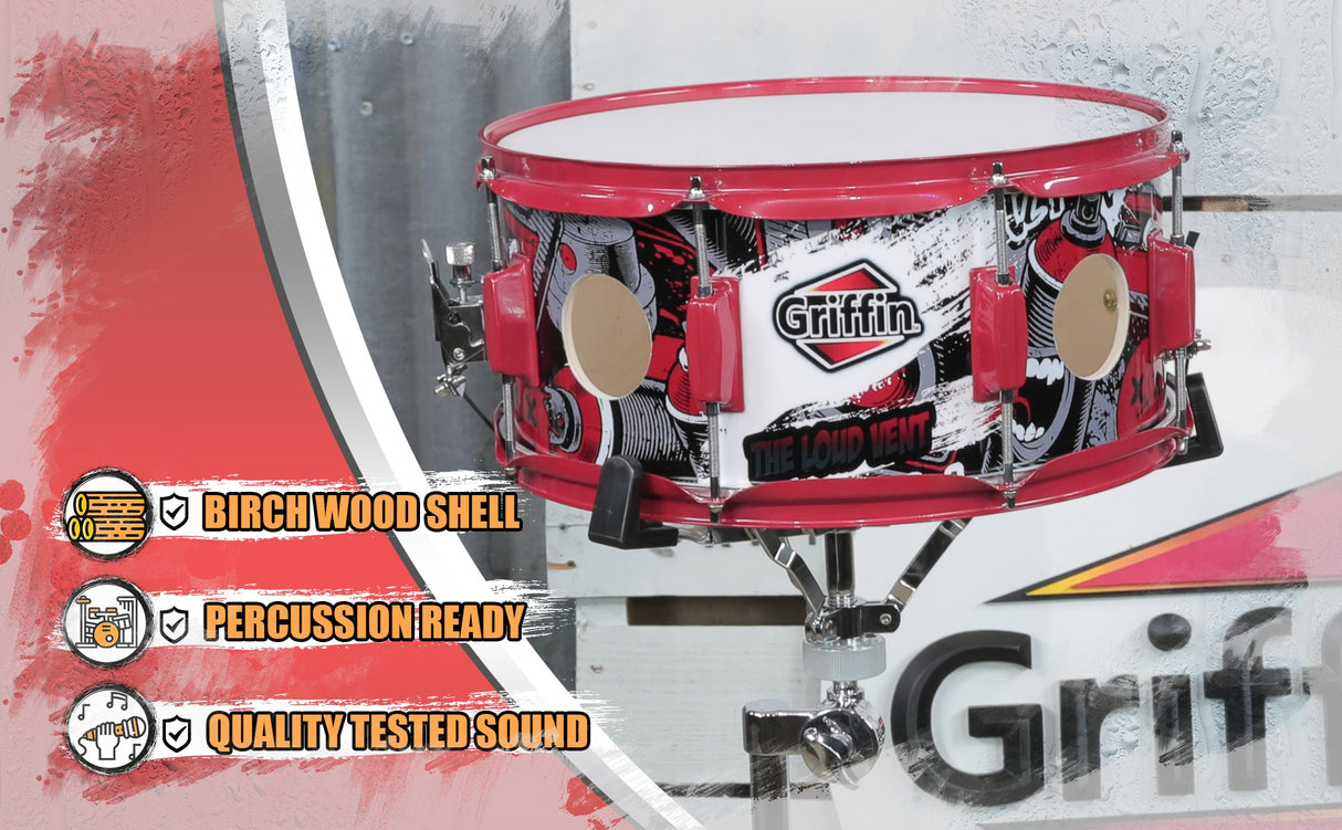 GRIFFIN Snare Drum Birch Wood Shell 14 X 6.5 Inch - Oversize 2.5" Large Vents & Custom Graphic Wrap by GeekStands.com