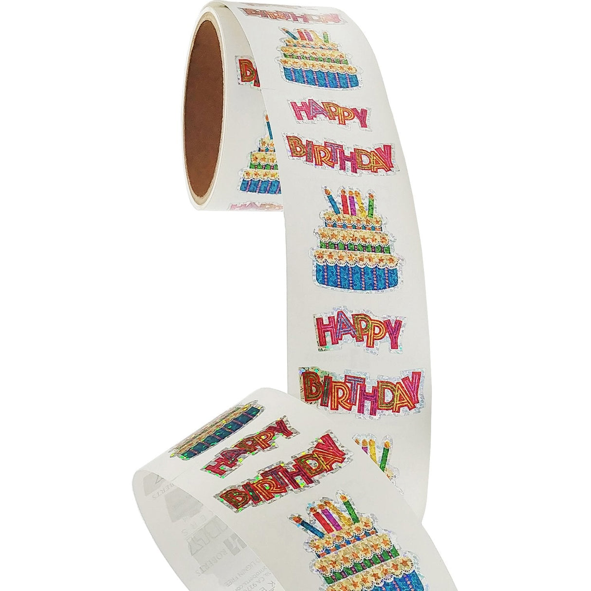 Bulk Roll Prismatic Stickers, Happy Birthday with Cake (50 Repeats) by Present Paper