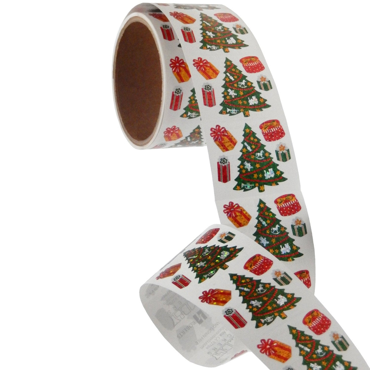 Bulk Roll Prismatic Stickers, Mini Christmas Trees / Presents (100 Repeats) by Present Paper