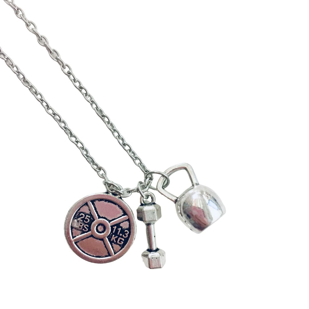 Badass Weightlifter Triple Charm Necklace in Silvertone by The Bullish Store