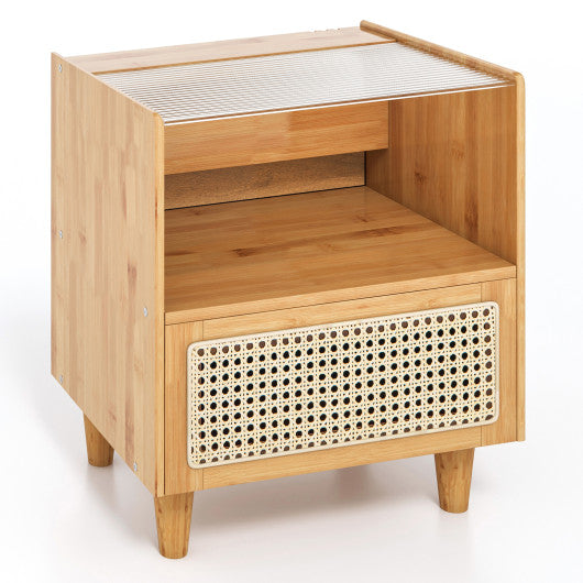 Bamboo Rattan Nightstand with Drawer and Solid Wood Legs-Natural