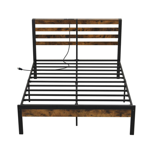 Full/Queen Size Bed Frame with Charging Station and Storage Headboard-Full Size