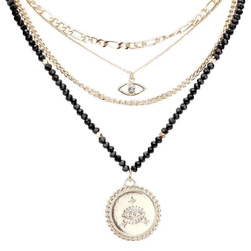 Stone Embellished Evil Eye Pendant Multi Layer Bib Necklace by Madeline Love