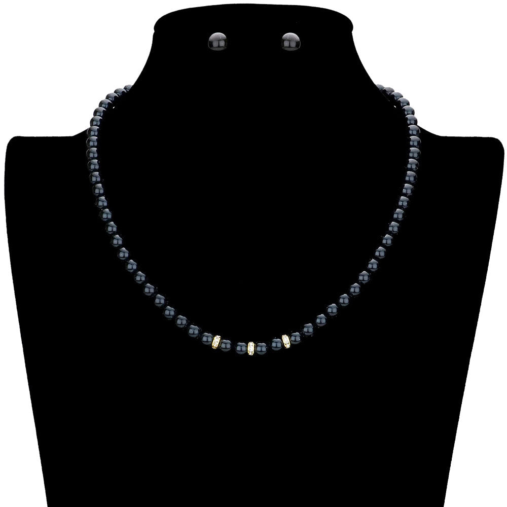 Triple Rhinestone Ring Pointed Pearl Necklace by Madeline Love