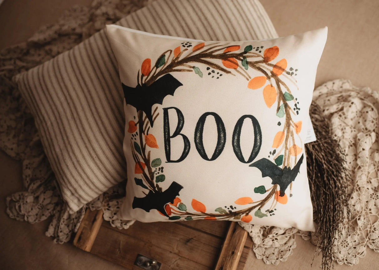 Boo Halloween Wreath Pillow Cover | Fall decor | Farmhouse Pillows | Country Decor | Fall Throw Pillows | Cute Throw Pillows | Gift for her by UniikPillows - Vysn