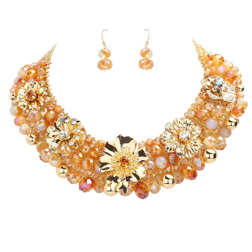 Metal Flower Accented Beaded Collar Necklace by Madeline Love