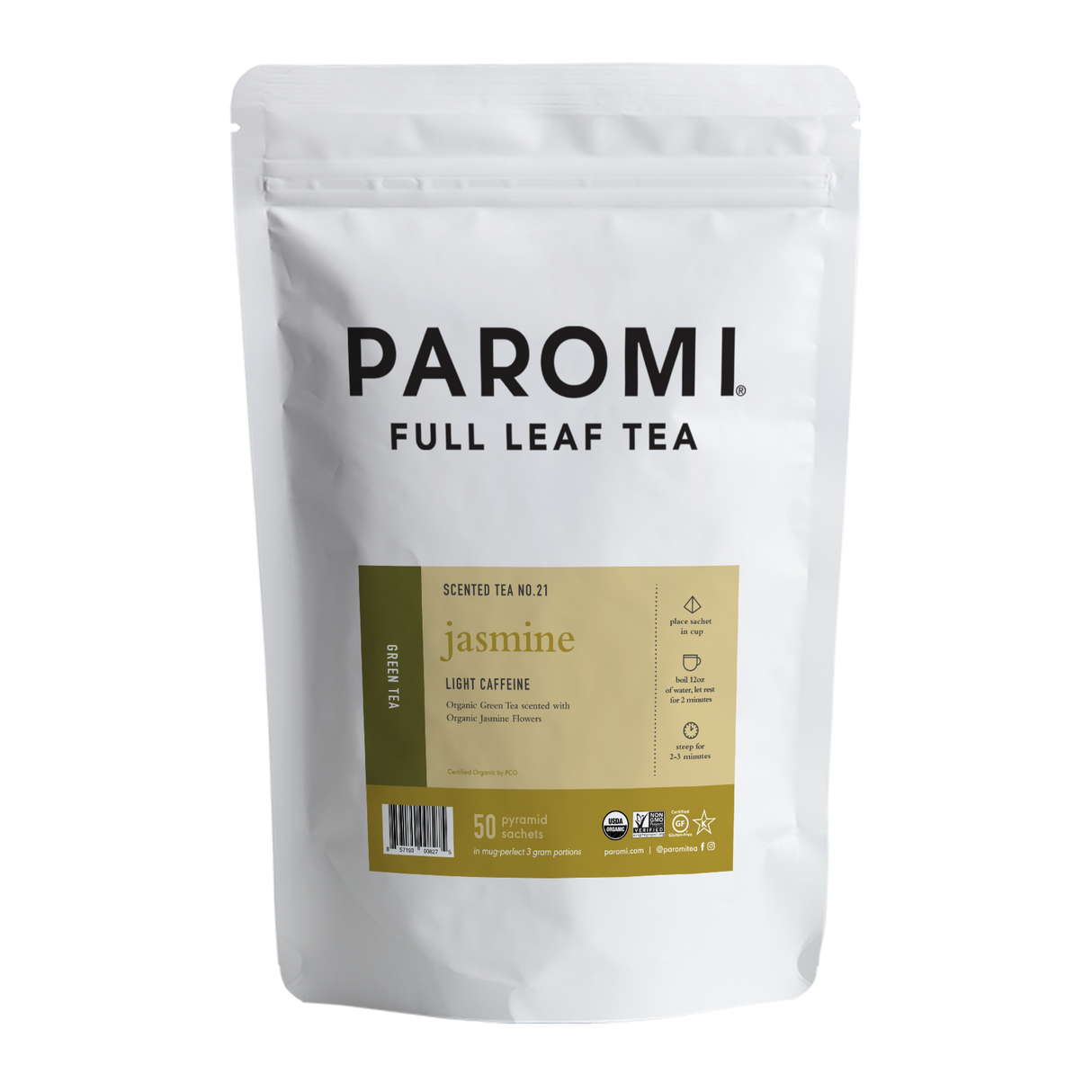 Organic Jasmine Green Tea, Full Leaf, in Pyramid Tea Bags by Paromi Tea