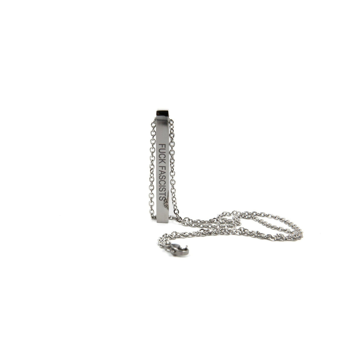 Burn the Patriarchy 🔥 Fuck Fascists Stainless Steel Bar Necklace | Minimalist Feminism Pendant Engraved on Two Sides by The Bullish Store