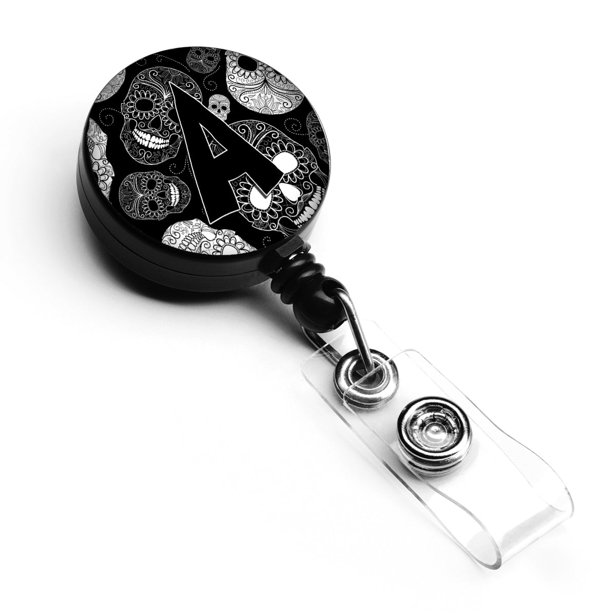 Letter A Day of the Dead Skulls Black Retractable Badge Reel CJ2008-ABR by Caroline's Treasures