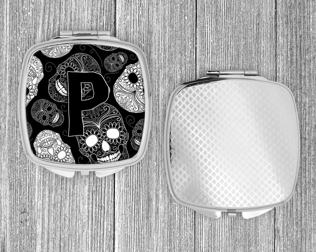 Letter P Day of the Dead Skulls Black Compact Mirror CJ2008-PSCM by Caroline's Treasures