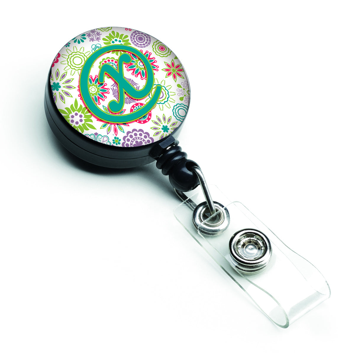 Letter X Flowers Pink Teal Green Initial Retractable Badge Reel CJ2011-XBR by Caroline's Treasures