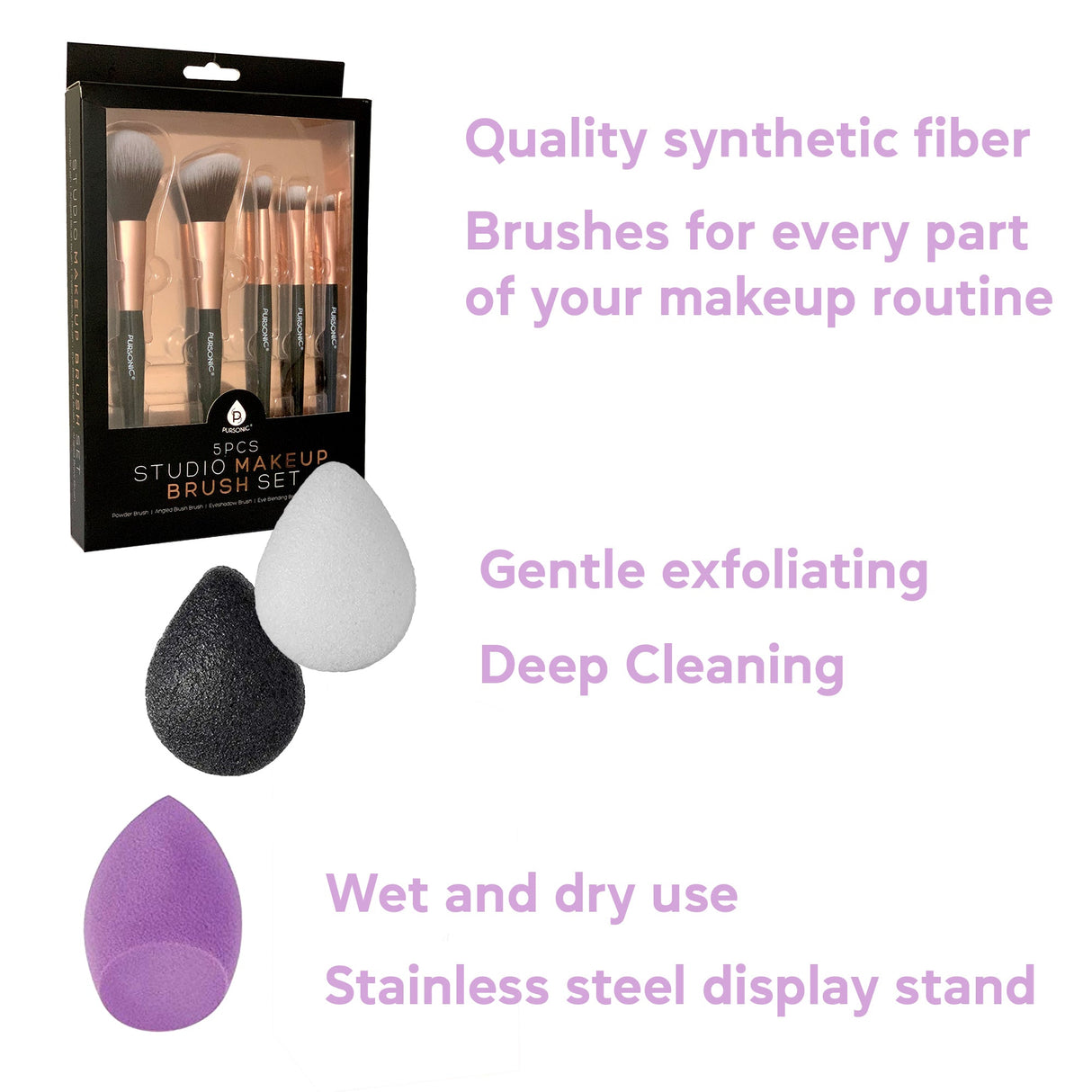 Beauty Essentials Bundle: Facial Makeup Blender Sponge + Natural Facial Konjac Sponge Duo Set(3 pack) + 5 Pcs Studio Makeup Brush Set (Black) by Pursonic