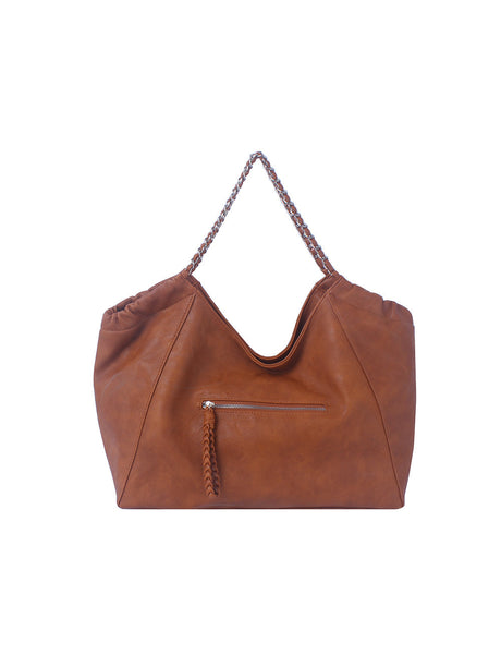 Leather tote bag with chain detailed handle by hfstylish