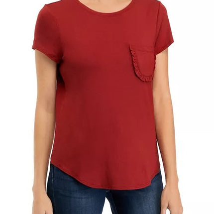 Cupio Crew Neck Cap Sleeve Chest Pocket Stretch Crepe Top by Curated Brands