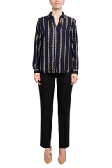 Joan Vass NY Collared V-Neck Button Down Button Cuffed Long Sleeve Back Yoke Printed Woven Top by Curated Brands