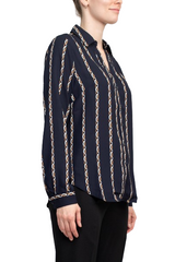 Joan Vass NY Collared V-Neck Button Down Button Cuffed Long Sleeve Back Yoke Printed Woven Top by Curated Brands