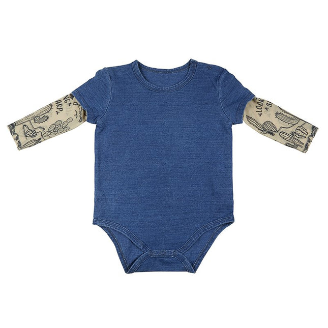 Cactus Tattoo Snapshirt Baby Bodysuit in Blue | Unisex Size 6-12 Months | Funny Full Sleeve Tattoo Infant Shirt by The Bullish Store